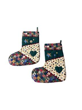 Handmade Patchwork Print Quilted Christmas Stockings Set Of 2 14” Used